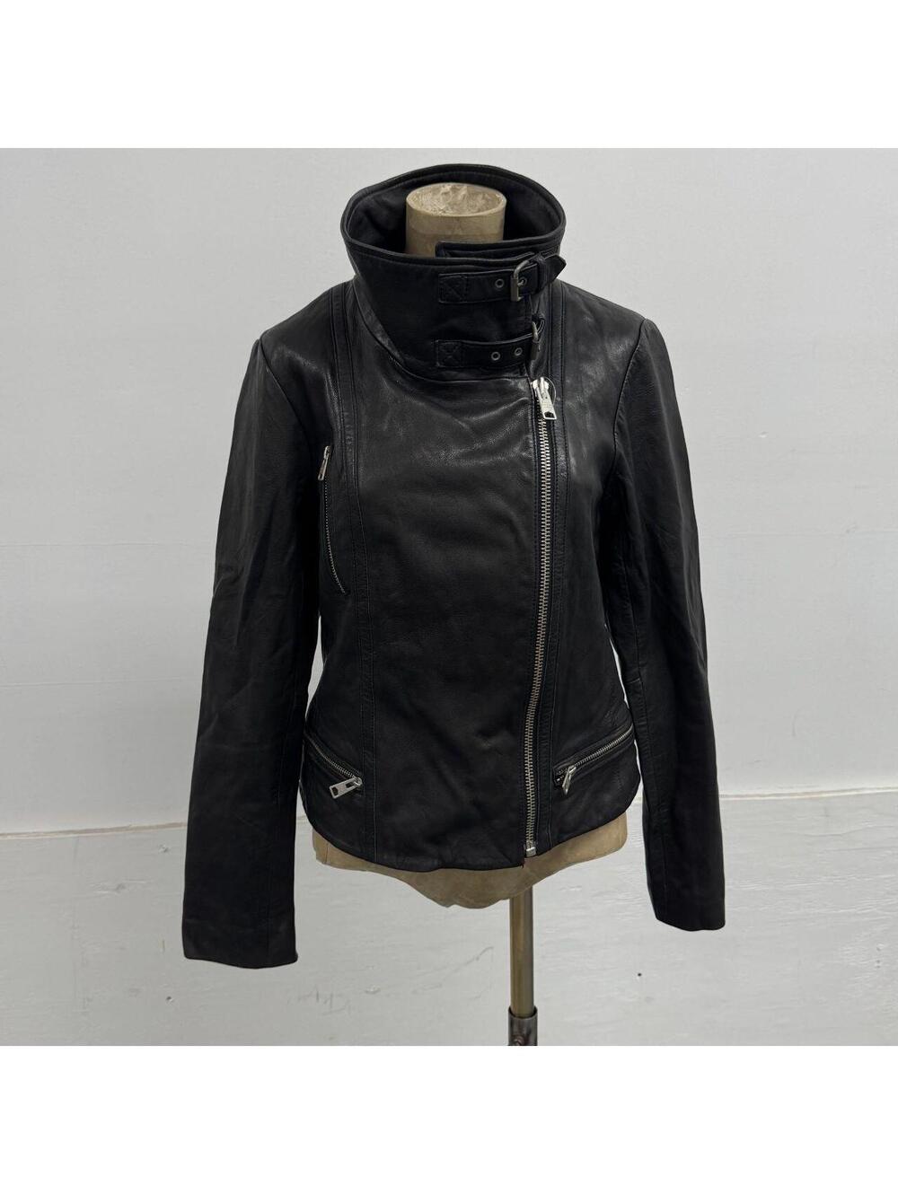 Vintage Black Allsaints Moto Funnel Neck Leather Jacket